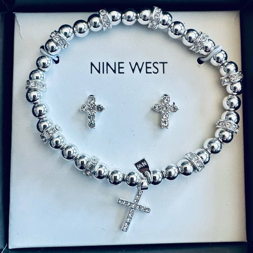 Nine West Cross Charm Stretch Bracelet & Stud Earring Set